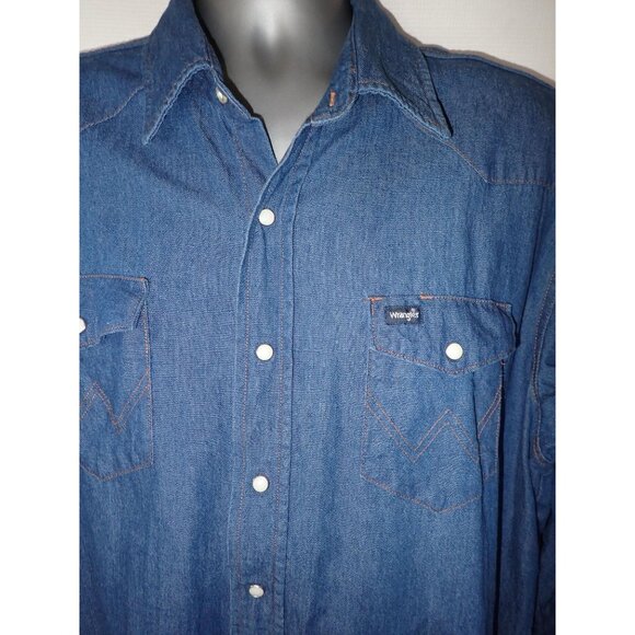 Vintage Wrangler Denim Pearl Snap Mens XXL Brush Popper shirt Western Cowboy‎ - Picture 2 of 7